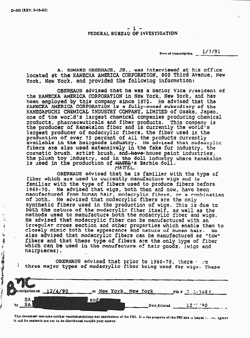 January 7, 1991: FBI File re: December 4, 1990 interview of Edward Oberhous, Jr., p. 1 of 2
