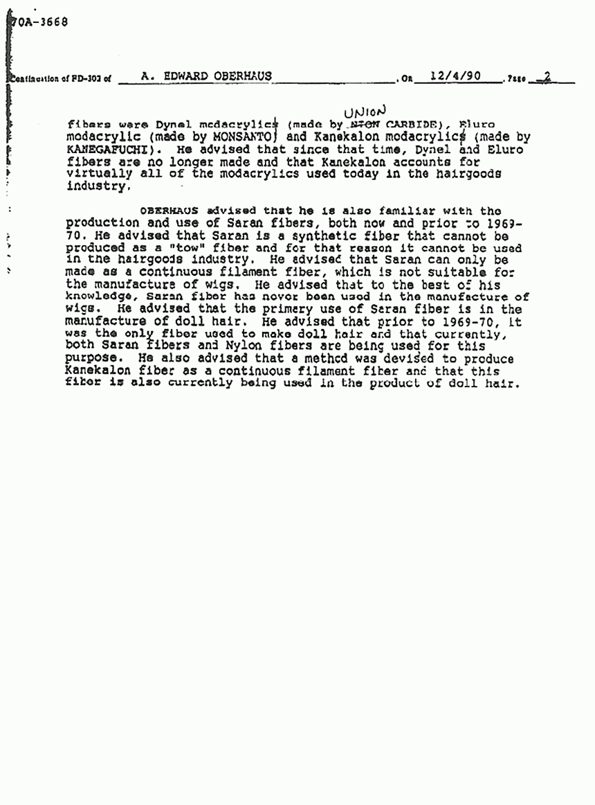 January 7, 1991: FBI File re: December 4, 1990 interview of Edward Oberhous, Jr., p. 2 of 2