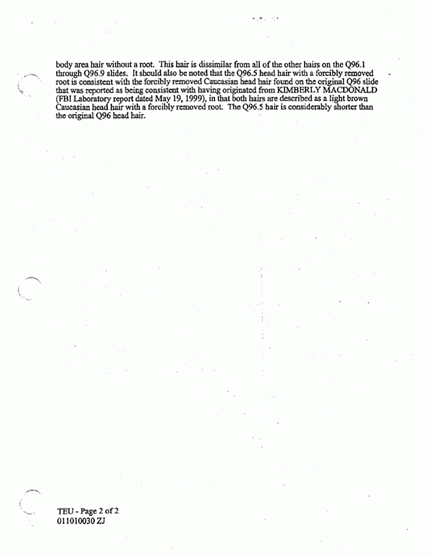 November 1, 2001: FBI Lab Examiner Robert Fram's report re: Examination of FBI Exhibit Q96 (AFDIL Specimen 112A: hairs removed , p. 2 of 2