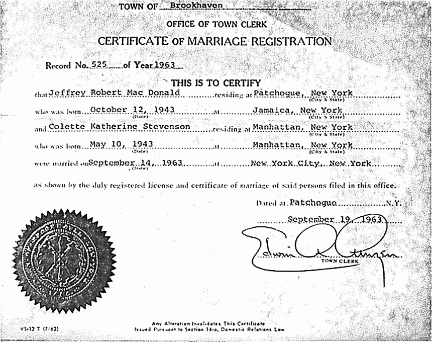 September 14, 1963: Certificate of Marriage Registration for Jeffrey MacDonald and Colette MacDonald [nee Stevenson]