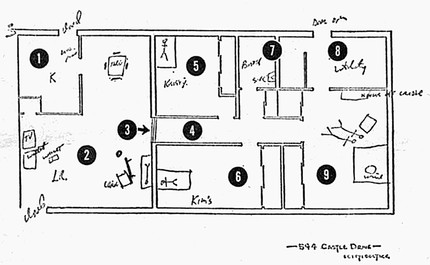 Circa July 23, 1970: Diagram of 544 Castle Drive, drawn by Jeffrey MacDonald during his interview with Newsday reporter John Cummings