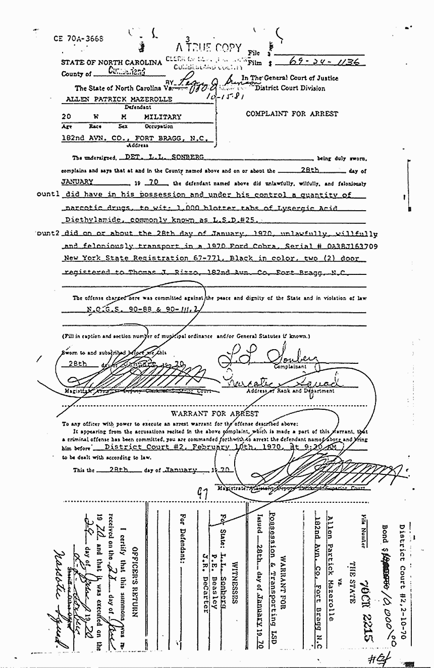 January 28, 1970: Complaint for Arrest for Allen Mazerolle