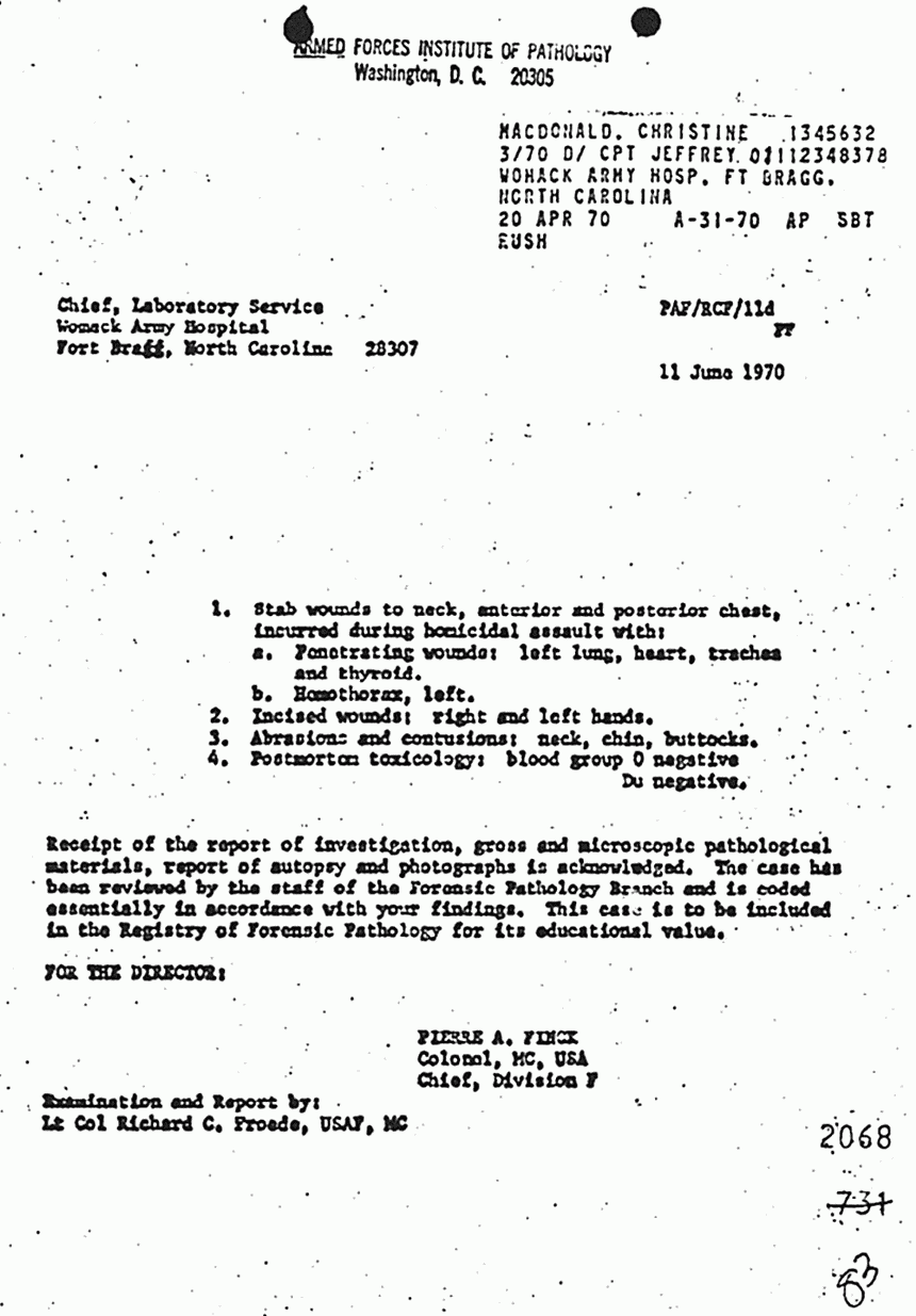 June 11, 1970: Armed Forces Institute Of Pathology review of Kristen MacDonald's autopsy report