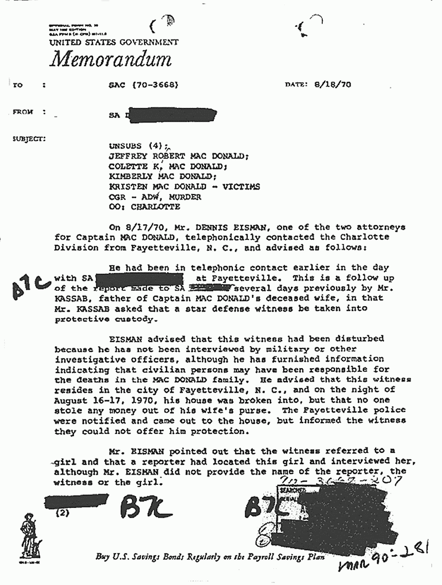August 18, 1970: Government Memorandum re: Protection for witness (William Posey) requested by Dennis Eisman, p. 1 of 2