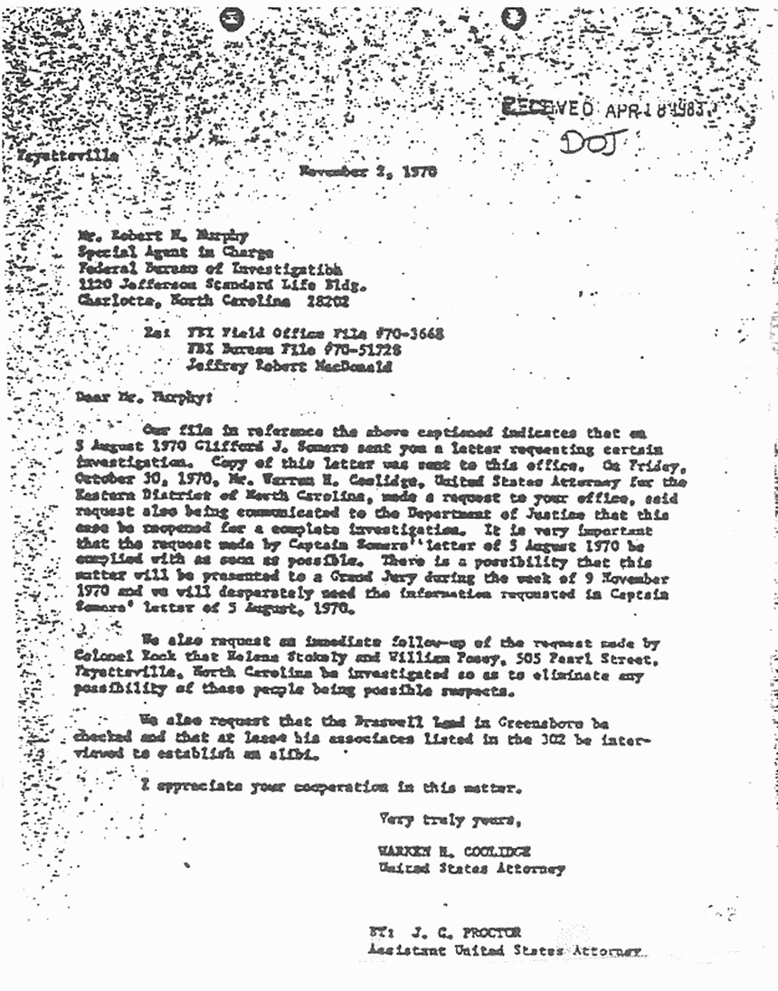 November 2, 1970: Letter from U. S. Attorneys Coolidge and Proctor to Robert Murphy (FBI) re: the MacDonald case