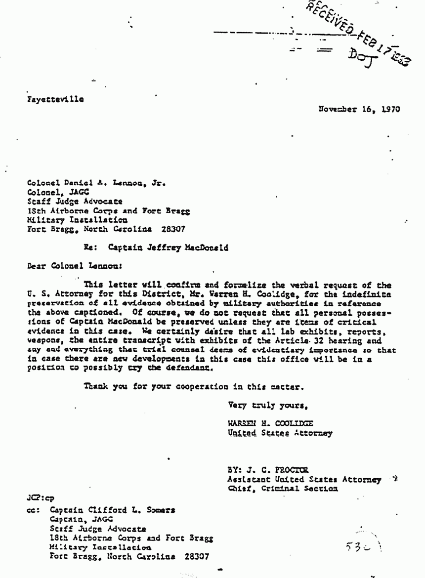 November 16, 1970: Letter from U. S. Attorney Warren Coolidge to Col. Daniel Lennon re: Preservation of evidence