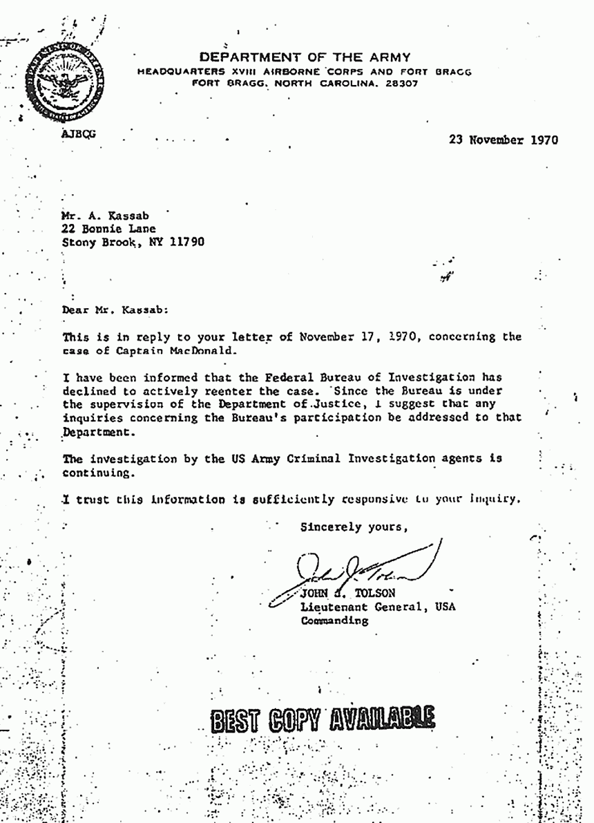 November 23, 1970: Letter from Lt. General John Tolson to Freddy Kassab re: CID investigation and FBI