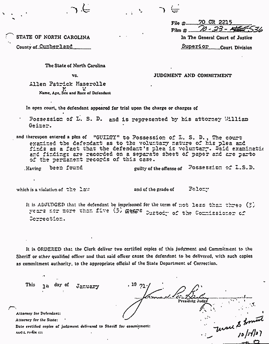 January 14, 1971: Judgment and Commitment form for Allen Mazerolle, re: finding of guilt for possession of LSD
