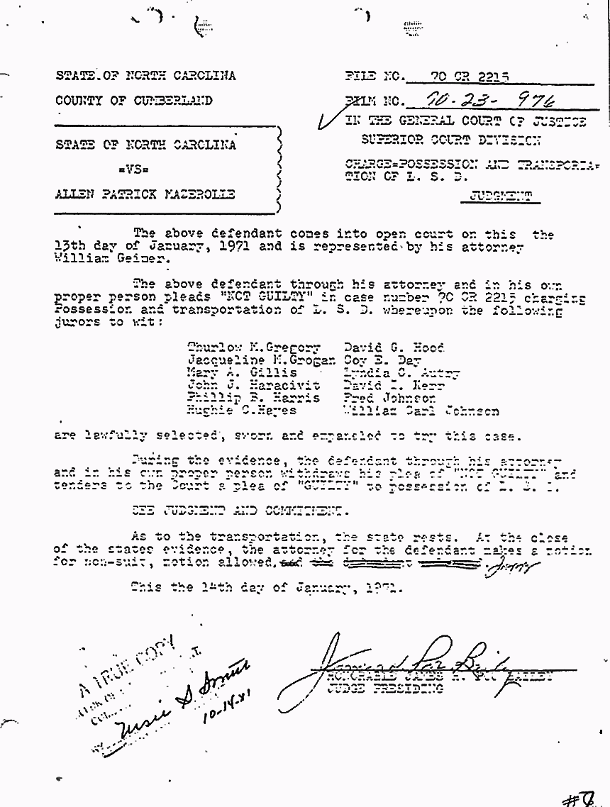 January 14, 1971: Judgment for Allen Mazerolle, re: finding of guilt for possession of LSD