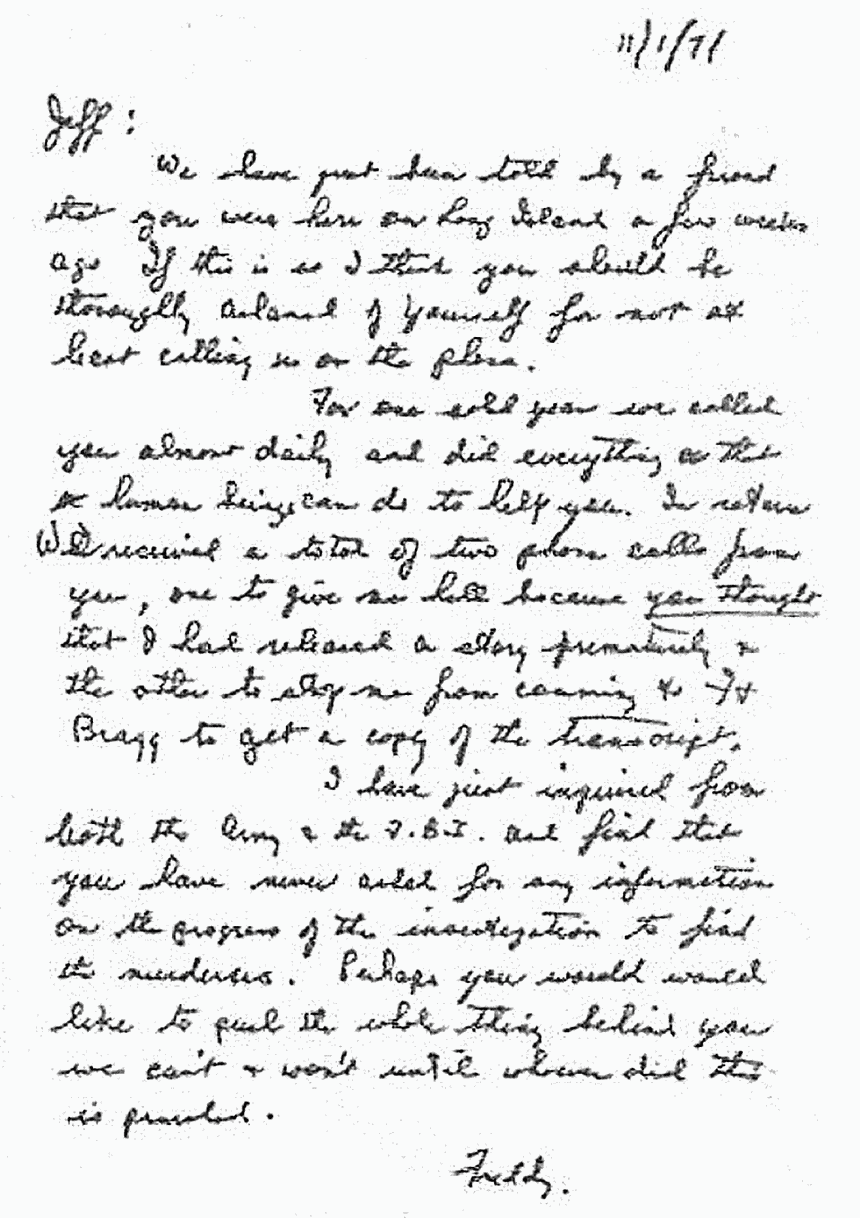 November 1, 1971: Letter from Freddy Kassab to Jeffrey MacDonald re: MacDonald's visit to Long Island