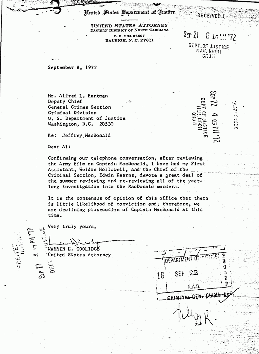 September 8, 1972: Letter from U.S. Attorney Warren Coolidge to Alfred Hantman (Criminal Division, U.S. Dept. of Justice). declining prosecution of Jeffrey MacDonald