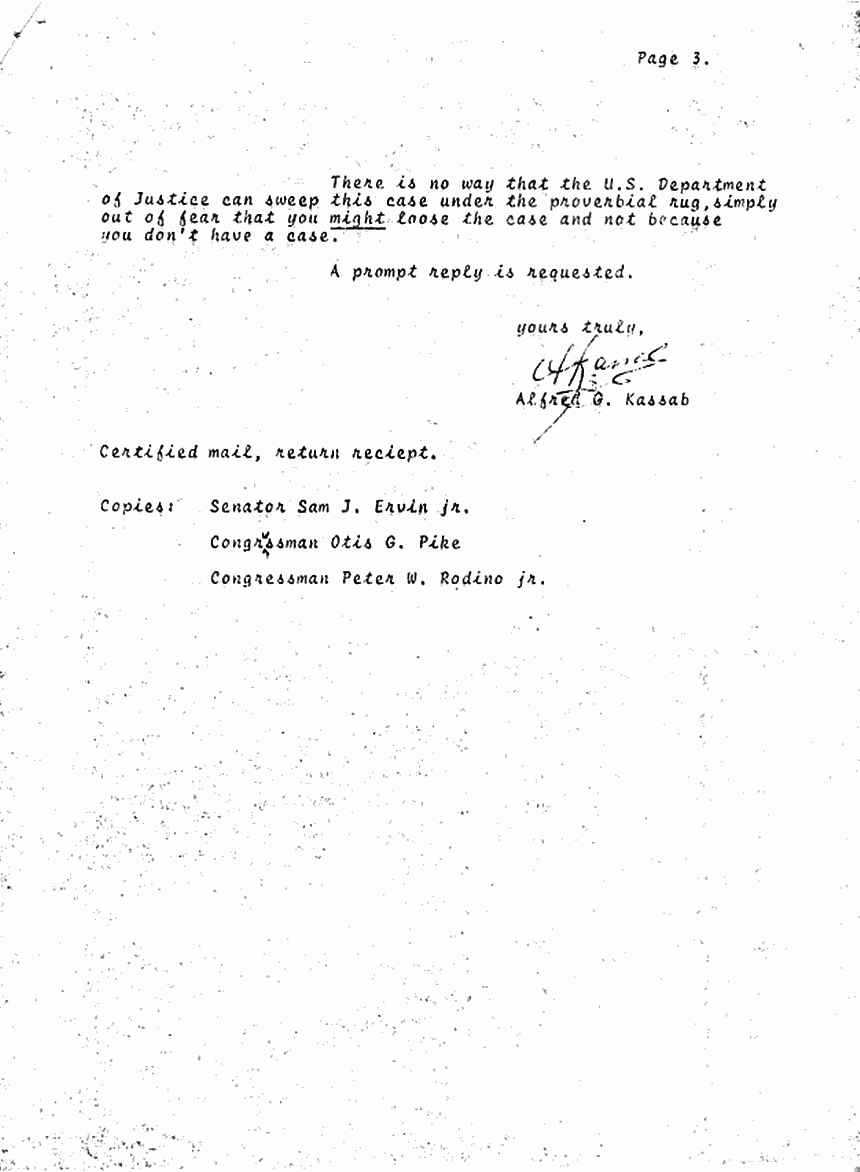February 25, 1974: Letter from Alfred Kassab to U. S. Attorney General William Saxbe, p. 3 of 3