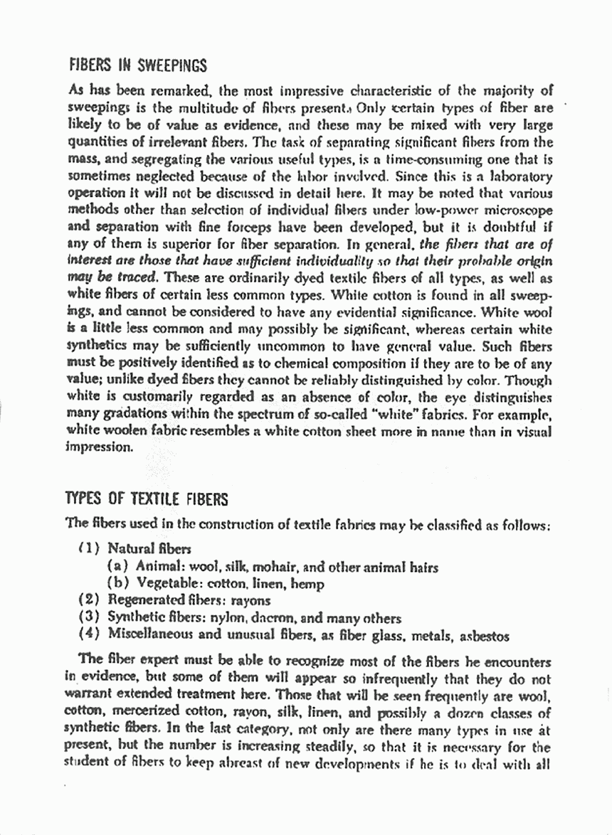 Excerpt from Crime Invesigation (Fibers), by Paul Kirk, edited by John Thornton; published by John Wiley & Sons Inc; Second Edition (June 1974), p. 4 of 6