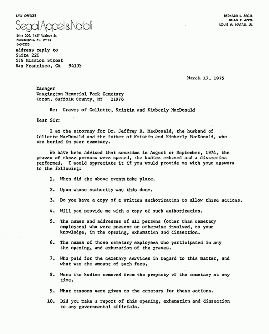 March 17, 1975: Letter from Bernard Segal to Kasgington Memorial Park Cemetery re: Exhumations of the bodies of Colette, Kimberley and Kristen MacDonald, p. 1 of 2