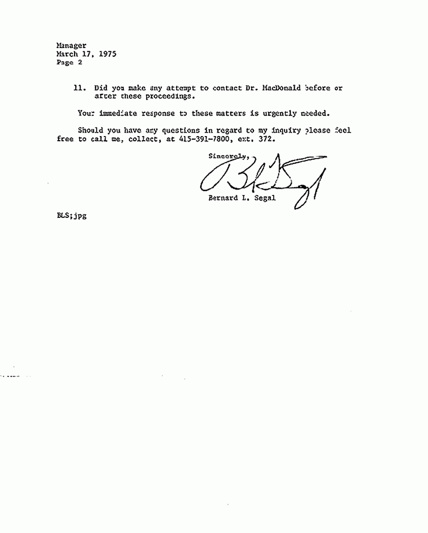 March 17, 1975: Letter from Bernard Segal to Kasgington Memorial Park Cemetery re: Exhumations of the bodies of Colette, Kimberley and Kristen MacDonald, p. 2 of 2