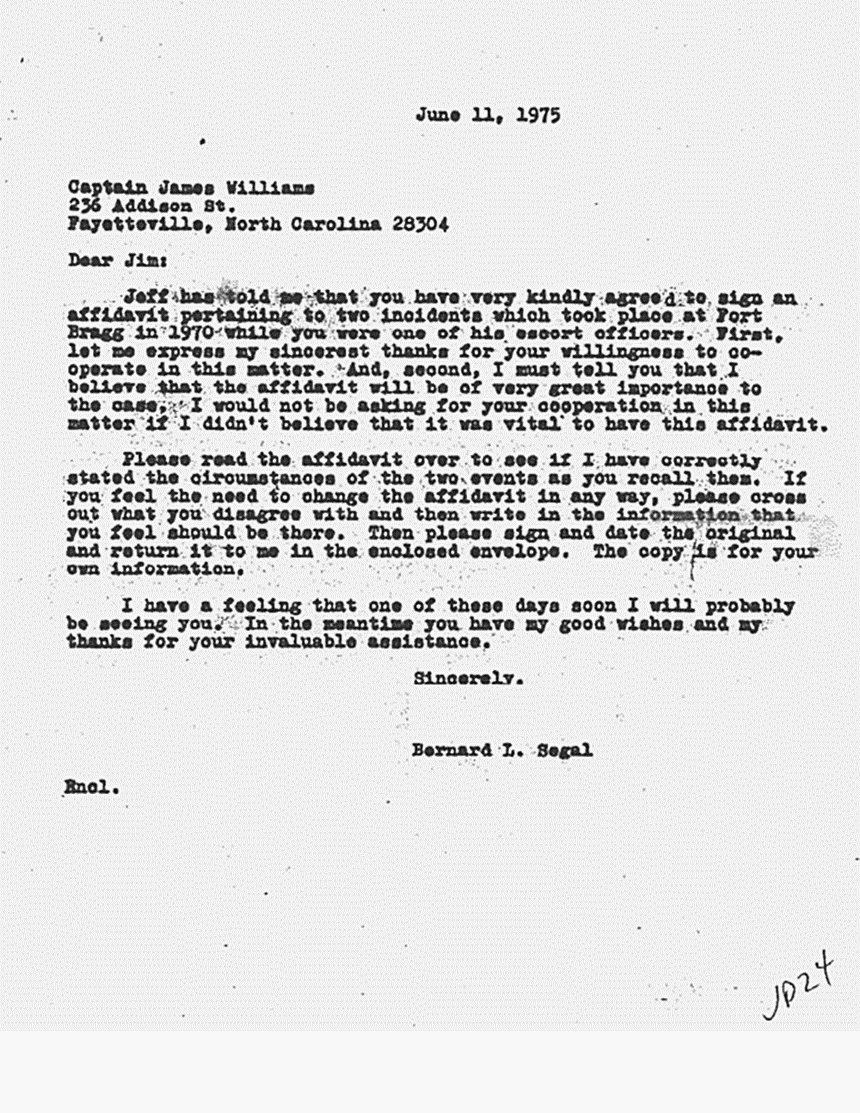 June 11, 1975: Letter from Bernard Segal to Cpt. James Williams