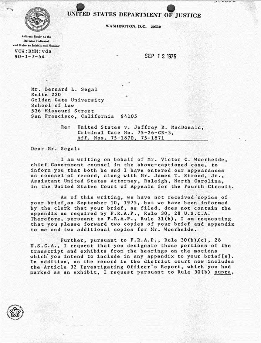 September 12, 1975: Letter from Brian Murtagh to Bernard Segal re: counsel of record and discovery, p. 1 of 2
