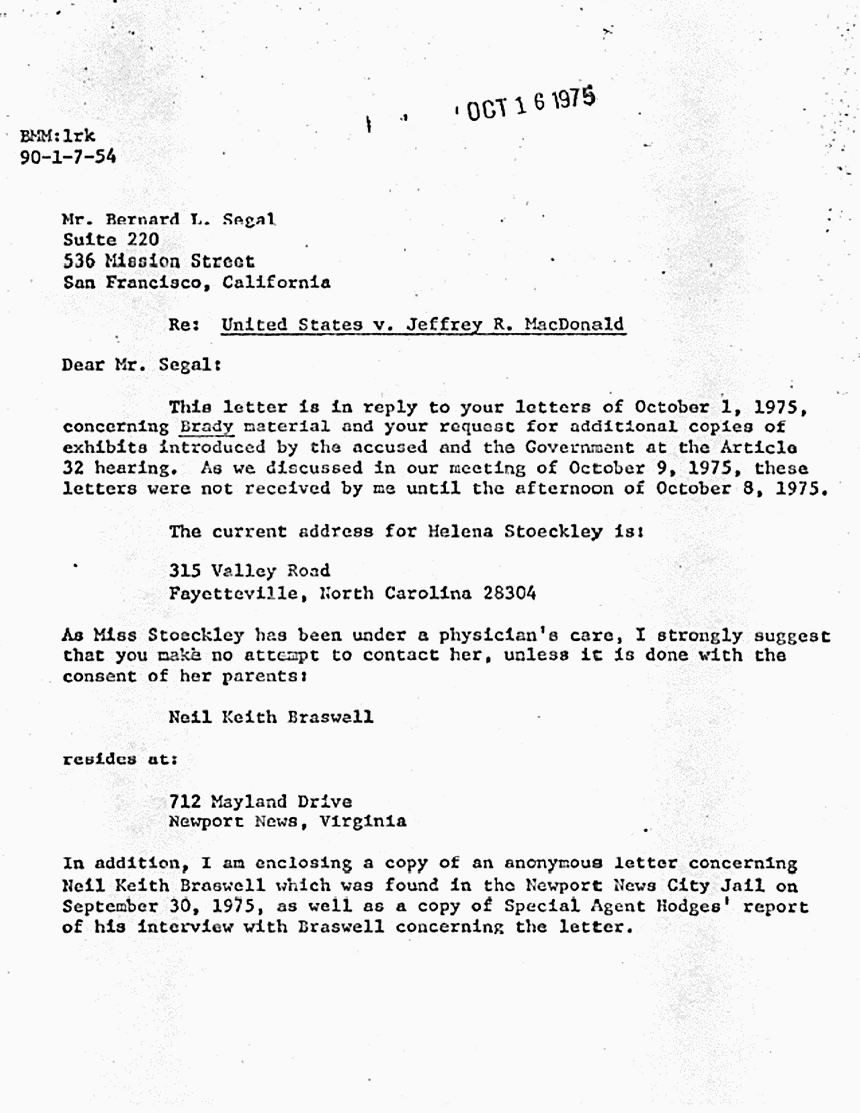 October 16, 1975: Letter from Brian Murtagh to Bernard Segal re: Helena Stoeckley, Neil Keith Braswell, and defense requests for investigative information, p. 1 of 3