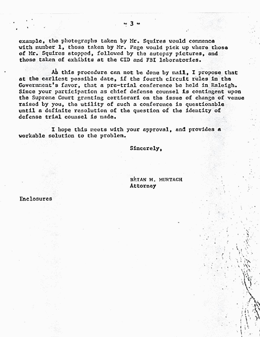 October 16, 1975: Letter from Brian Murtagh to Bernard Segal re: Helena Stoeckley, Neil Keith Braswell, and defense requests for investigative information, p. 3 of 3