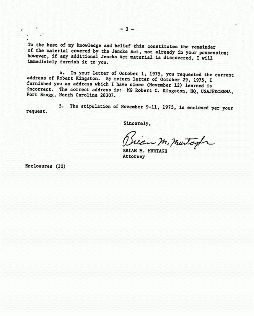 Circa November 13, 1975: Letter to Bernard Segal from Brian Murtagh re: Agreement to stipulate to the chain of custody in return for advance access to Jencks Act materials, p. 3 of 3