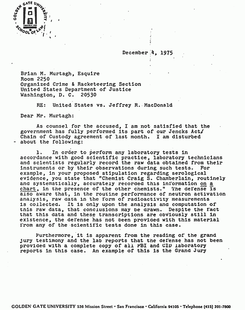 December 4, 1975: Letter to Briam Murtagh from Bernard Segal re: Jencks Act materials, p. 1 of 3