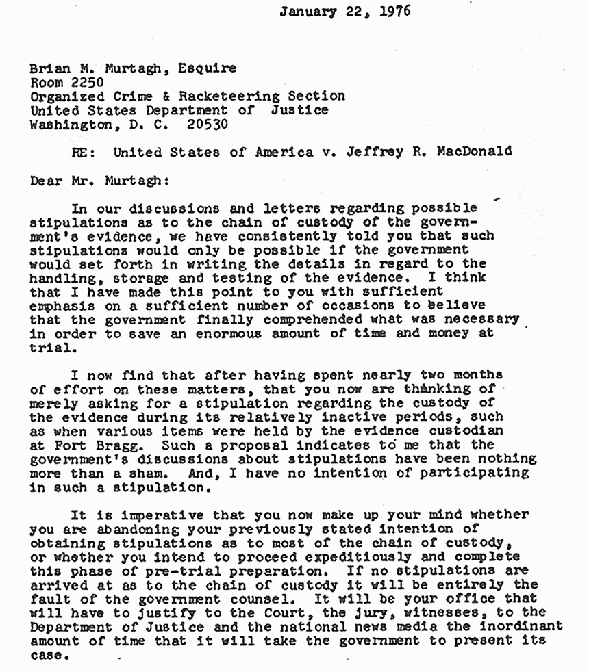 January 22, 1976: Letter to Brian Murtagh from Bernard Segal re: Proposed stipulation to the chain of custody, p. 1 of 2