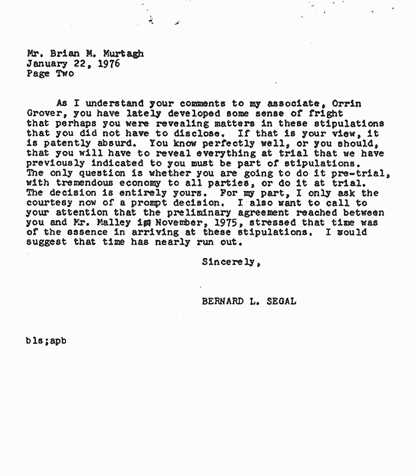 January 22, 1976: Letter to Brian Murtagh from Bernard Segal re: Proposed stipulation to the chain of custody, p. 2 of 2