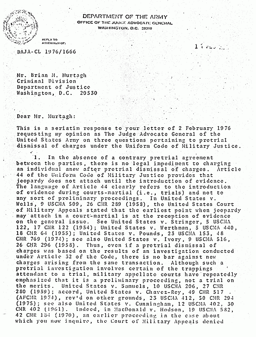 February 17, 1976: Letter from Major General Wilton B. Persons, Jr., USA, The Judge Advocate General, to Brian Murtagh, p. 1 of 3