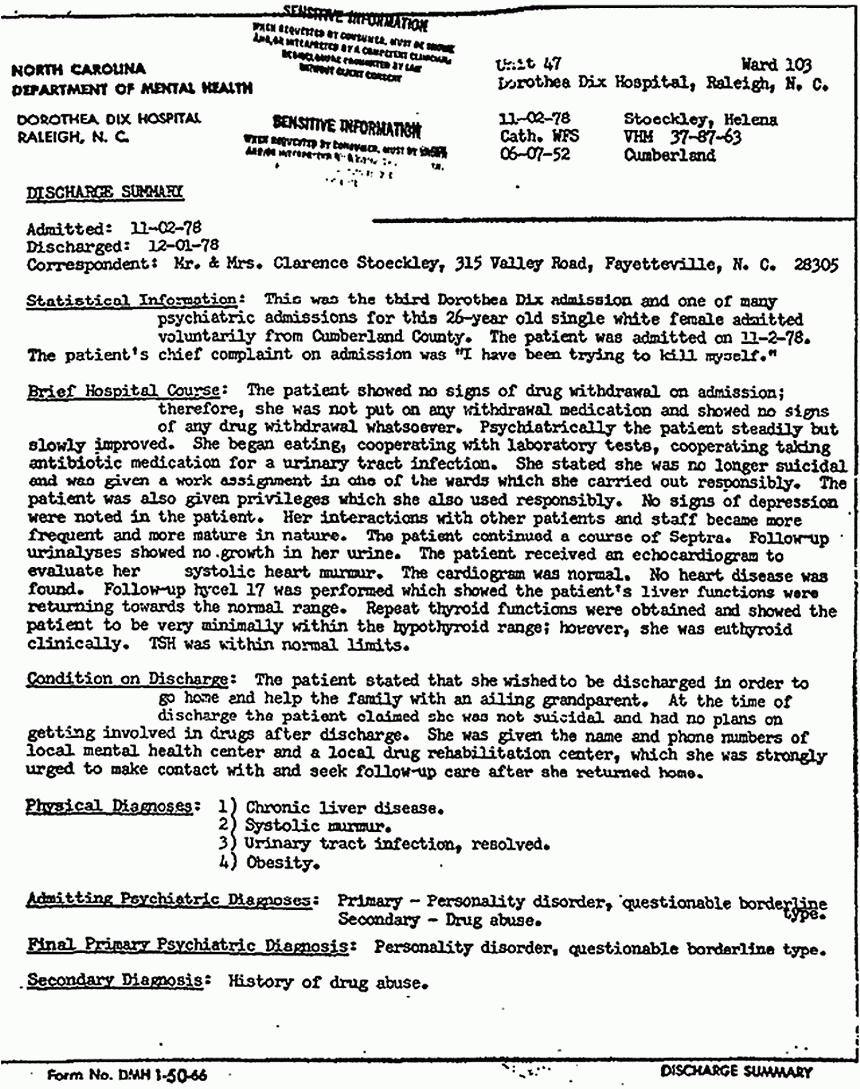 November 2, 1978: Discharge Summary and Psychiatric History and Evaluation re: Helena Stoeckley's hospital admission, p. 1 of 5