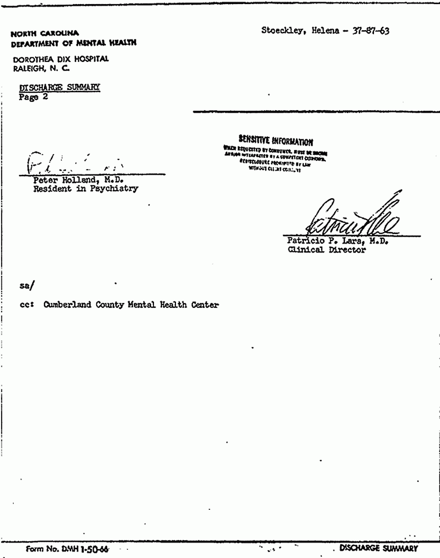 November 2, 1978: Discharge Summary and Psychiatric History and Evaluation re: Helena Stoeckley's hospital admission, p. 2 of 5