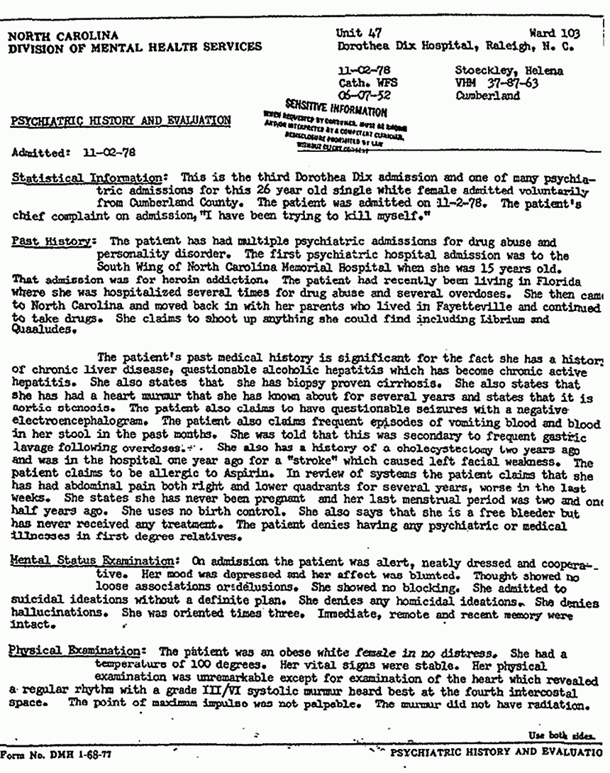 November 2, 1978: Discharge Summary and Psychiatric History and Evaluation re: Helena Stoeckley's hospital admission, p. 3 of 5