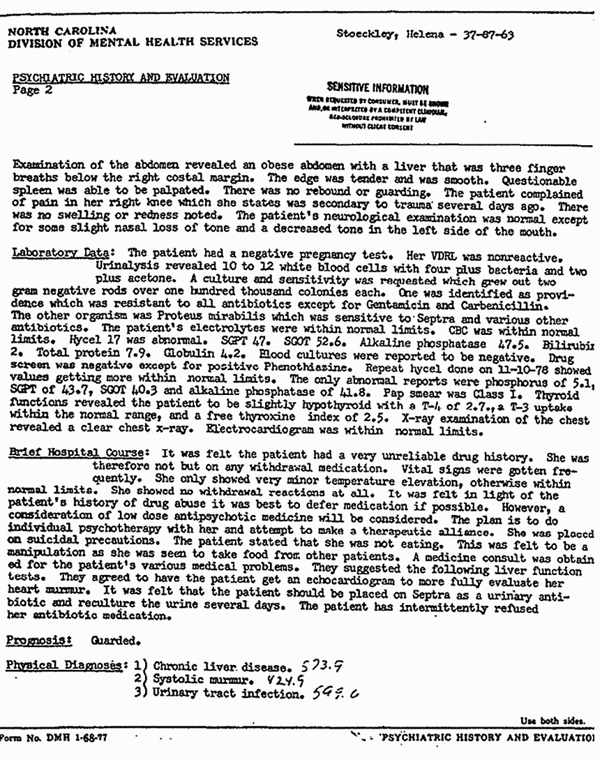 November 2, 1978: Discharge Summary and Psychiatric History and Evaluation re: Helena Stoeckley's hospital admission, p. 4 of 5