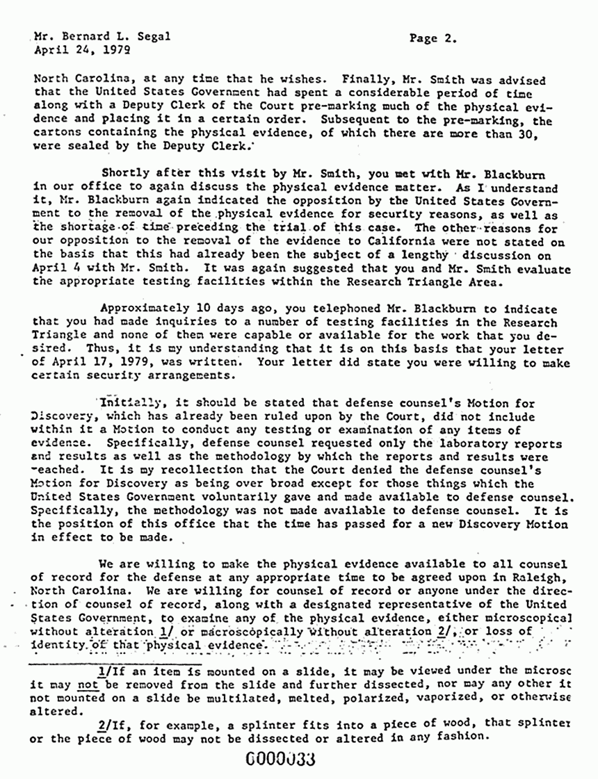 April 24, 1979: Letter from Dept. of Justice to Bernard Segal re: Defense request to forward physical evidence to California, p. 2 of 7