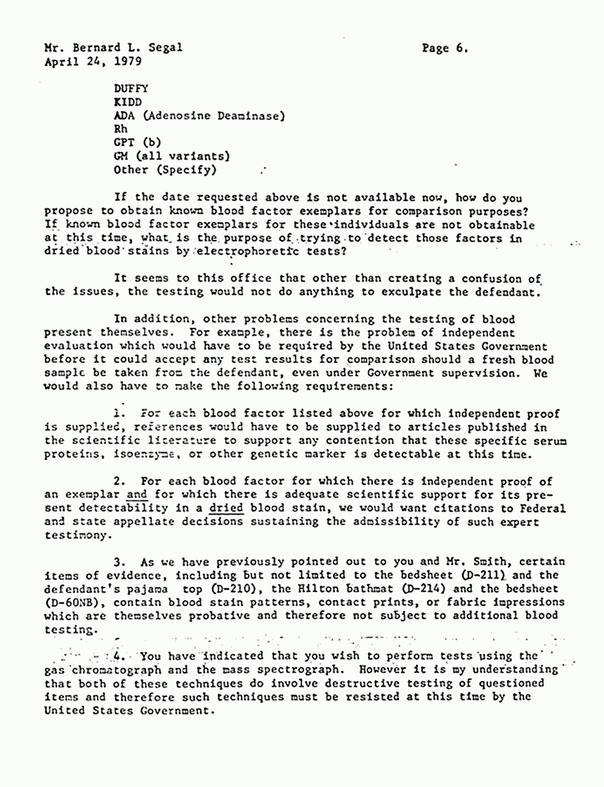 April 24, 1979: Letter from Dept. of Justice to Bernard Segal re: Defense request to forward physical evidence to California, p. 6 of 7