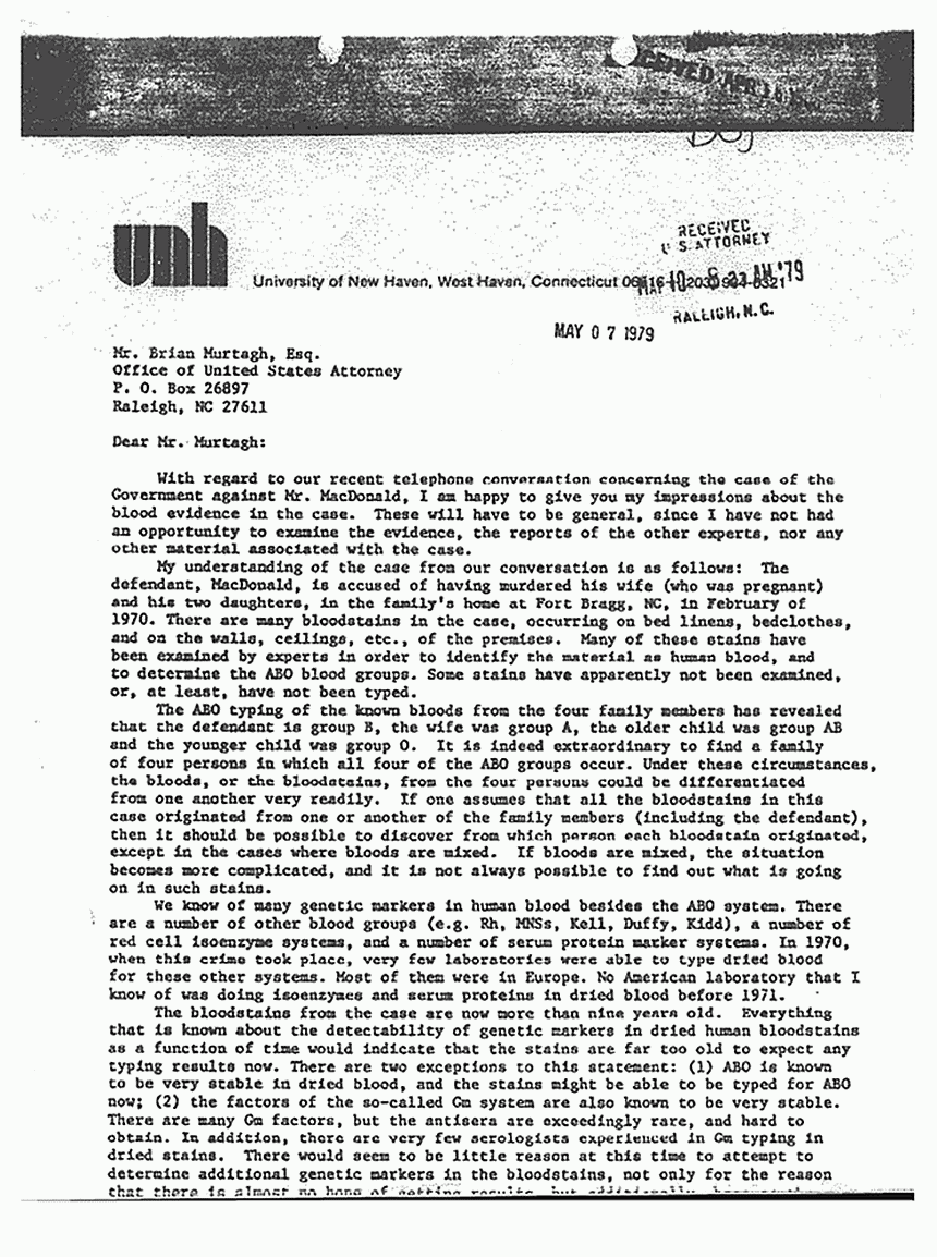 May 7, 1979: Letter from R. E. Gaensslen (Associate Professor, University of New Haven, CT) to Brian Murtagh, re: Blood evidence, p. 1 of 2