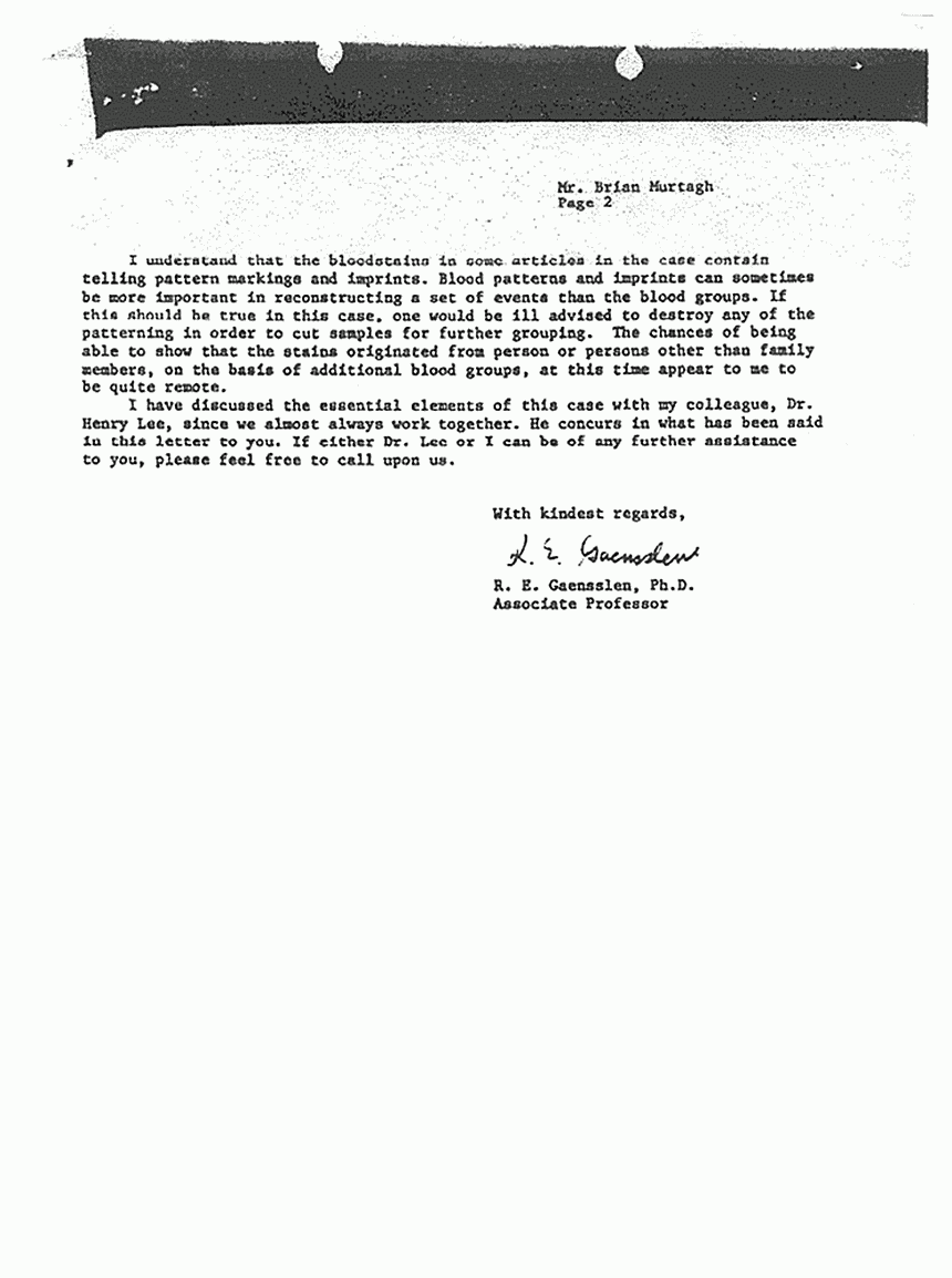 May 7, 1979: Letter from R. E. Gaensslen (Associate Professor, University of New Haven, CT) to Brian Murtagh, re: Blood evidence, p. 2 of 2