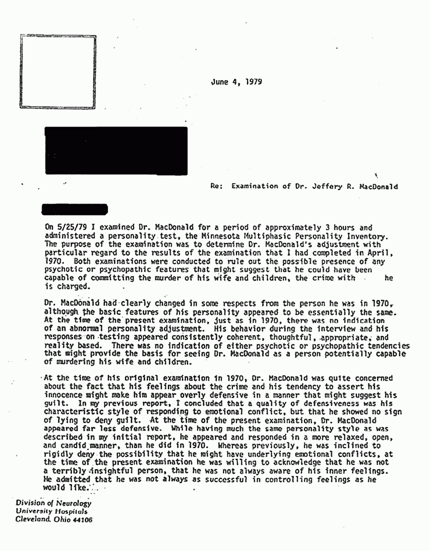 June 4, 1979: Letter from Dr. James Mack re: Psychological examination of Jeffrey MacDonald on May 25, 1979, p. 1 of 3