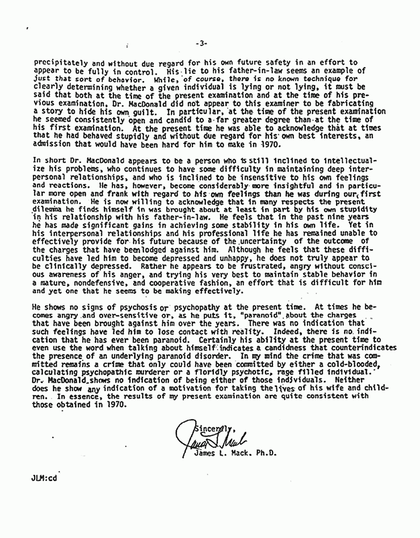June 4, 1979: Letter from Dr. James Mack re: Psychological examination of Jeffrey MacDonald on May 25, 1979, p. 3 of 3