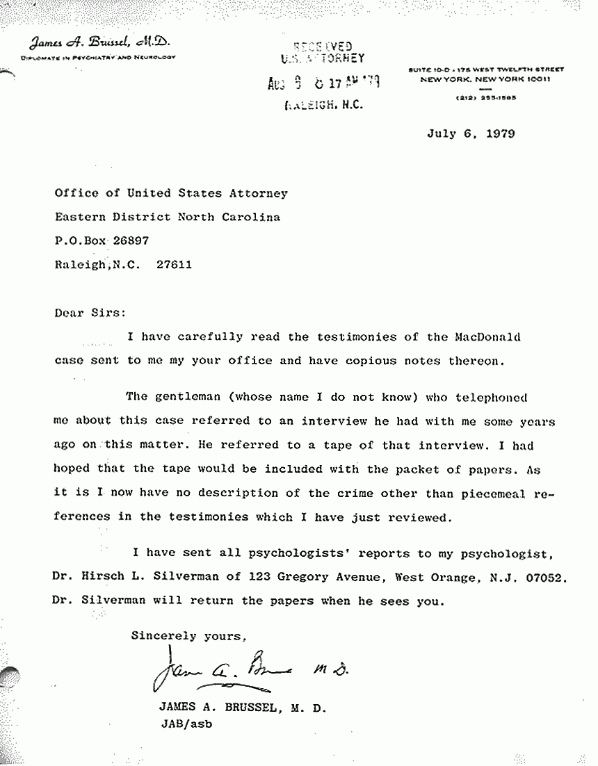 July 6, 1979: Letter from James Brussel, M.D. to U. S. Attorney (George Anderson)