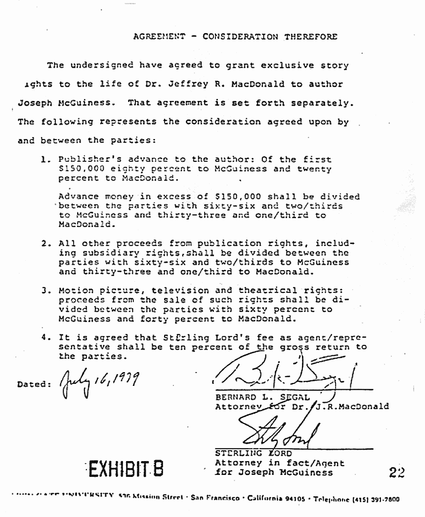 July 16, 1979: Agreement between Bernard Segal (for Jeffrey MacDonald) and Sterling Lord (for Joe McGinniss) for Consideration re: story rights for Fatal Vision