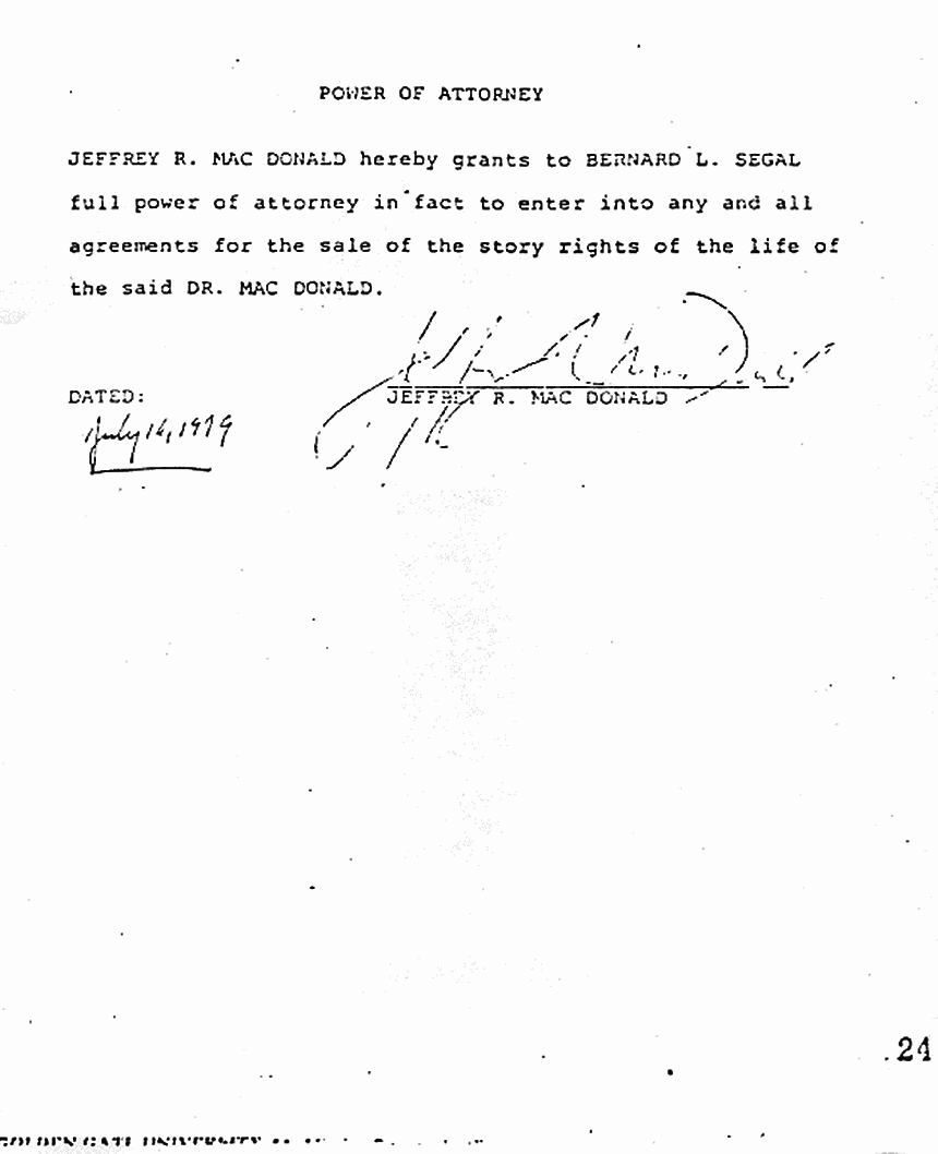 July 16, 1979: Jeffrey MacDonald grants Power of Attorney to Bernard Segal re: story rights for Fatal Vision