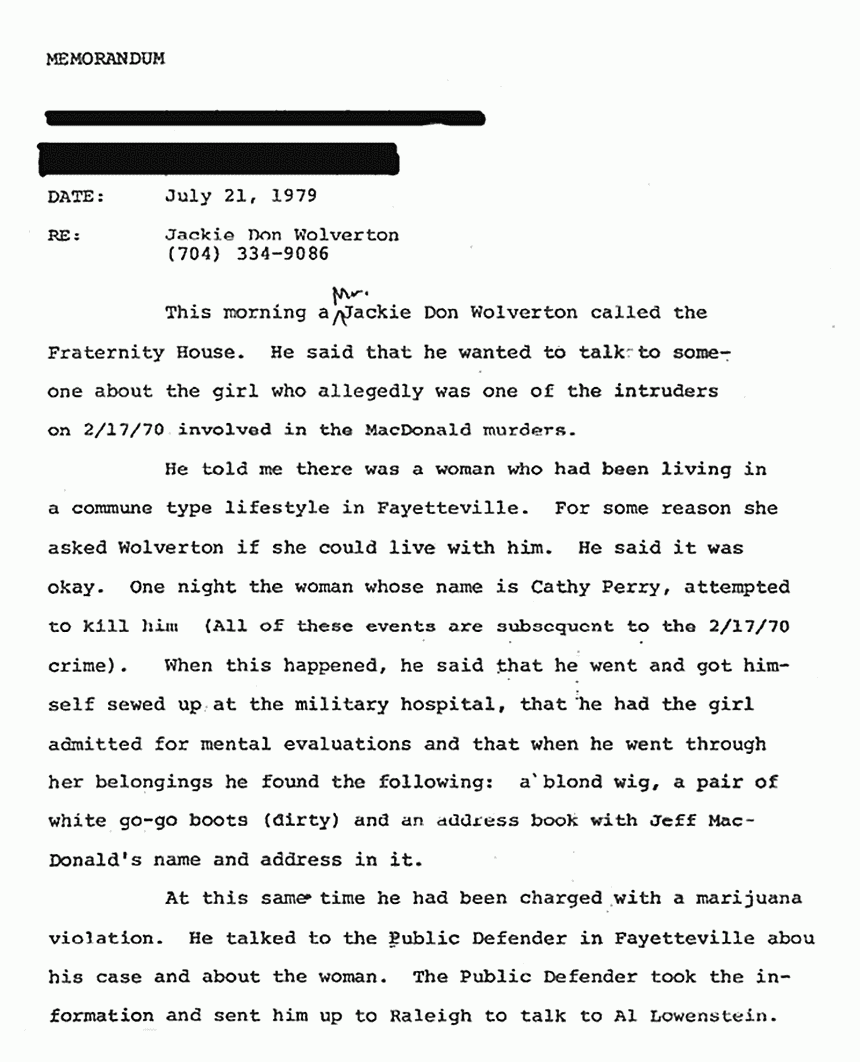 July 21, 1979: Memo from John Myers re: Jackie Don Wolverton, p. 1 of 2