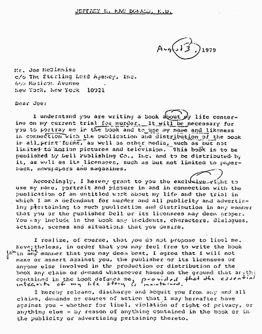 August 13, 1979: Letter from Jeffrey MacDonald to Joe McGinniss re: story rights for Fatal Vision, p. 1 of 2