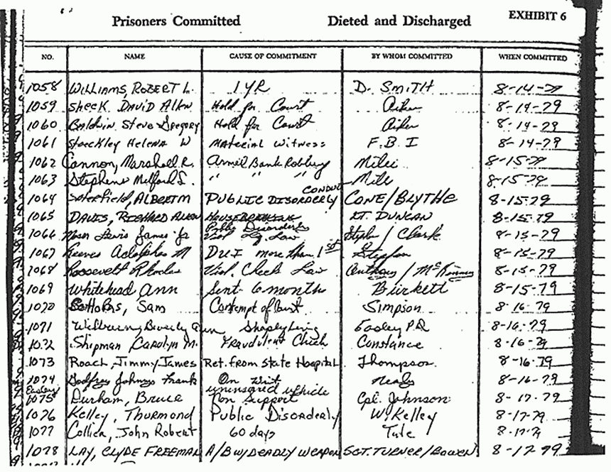 August 14, 1979: Pickens County Jail Book showing Helena Stoeckley as Prisoner No. 1061, p. 1 of 3