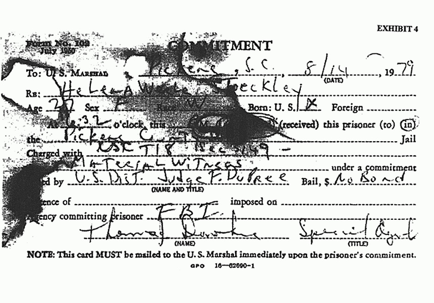 August 14, 1979: Pickens County Jail Commitment Form for Helena Stoeckley
