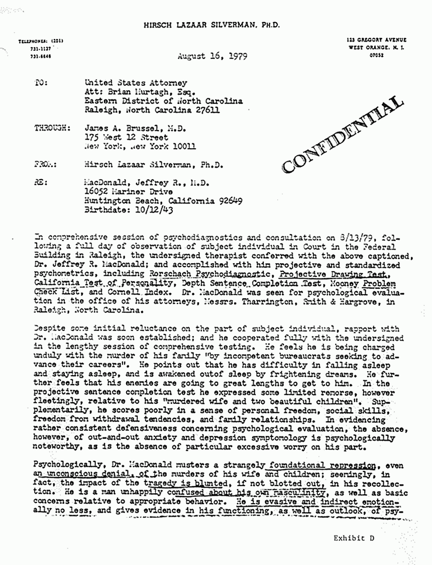 August 16, 1979: Letter from Dr. Hirsch Silverman to Brian Murtagh re: Psychological examination of Jeffrey MacDonald on Aug. 12, 1979, p. 1 of 5