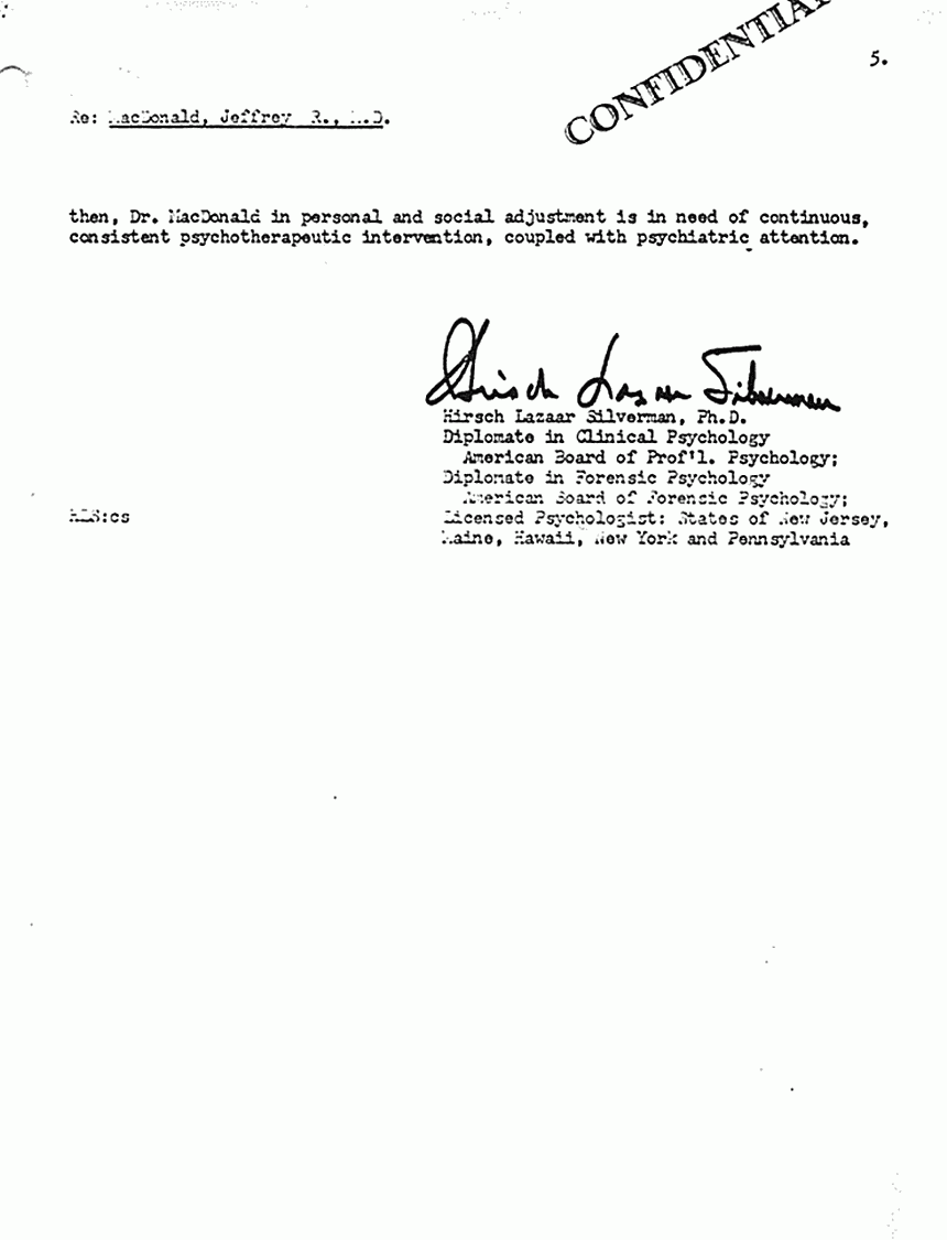 August 16, 1979: Letter from Dr. Hirsch Silverman to Brian Murtagh re: Psychological examination of Jeffrey MacDonald on Aug. 12, 1979, p. 5 of 5