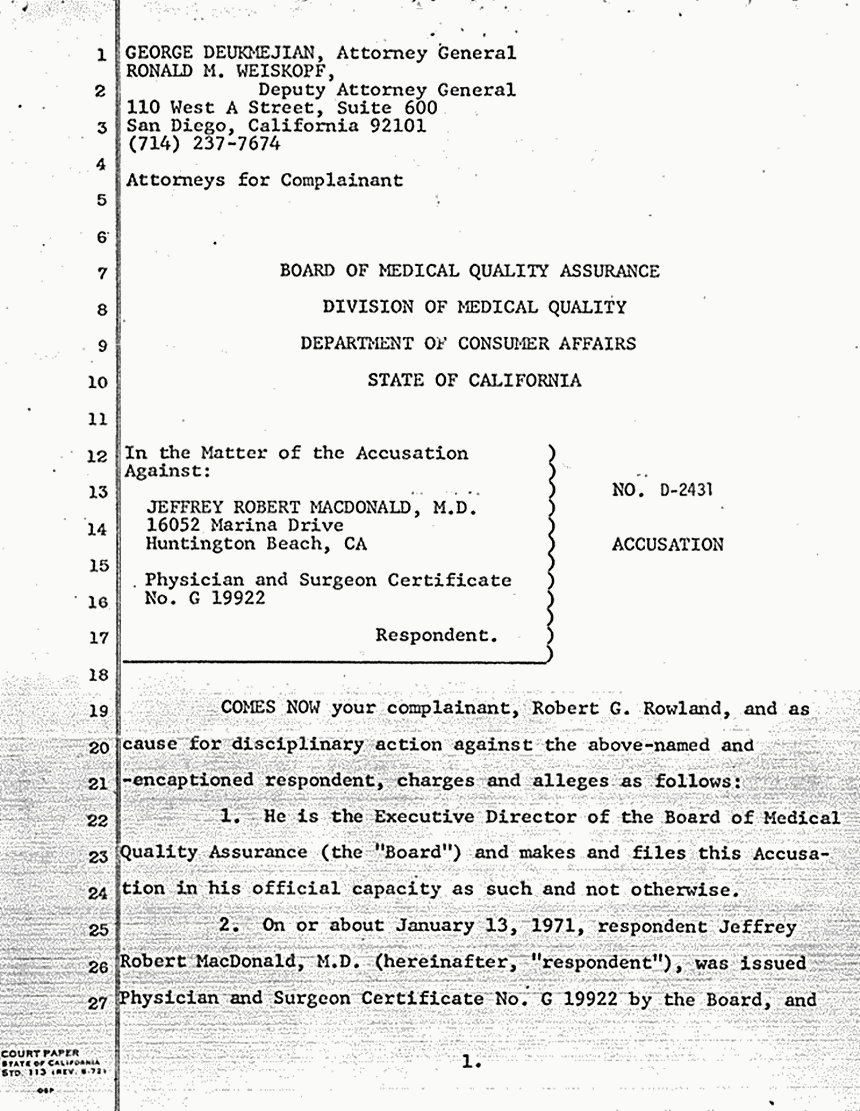 October 17, 1979: Accusation by Robert Rowland re: Request for Hearing and Revocation of Jeffrey MacDonald's California medical license, p. 1 of 3