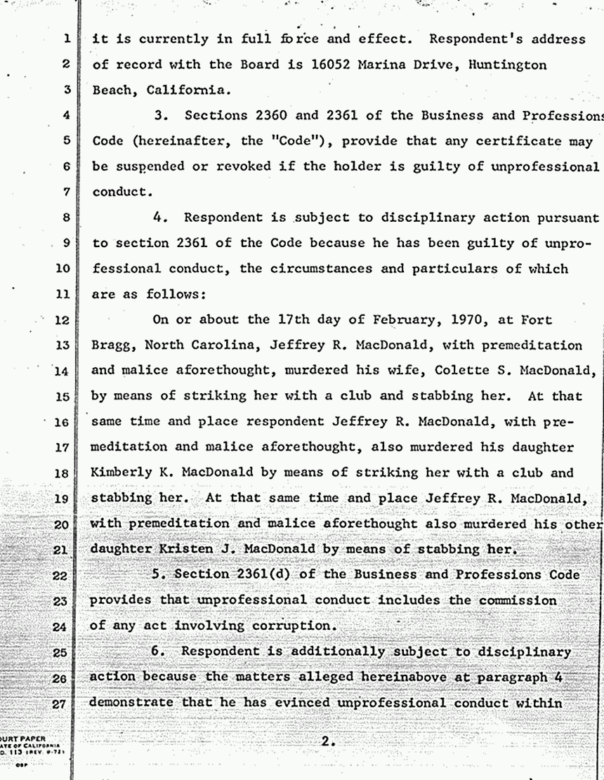 October 17, 1979: Accusation by Robert Rowland re: Request for Hearing and Revocation of Jeffrey MacDonald's California medical license, p. 2 of 3