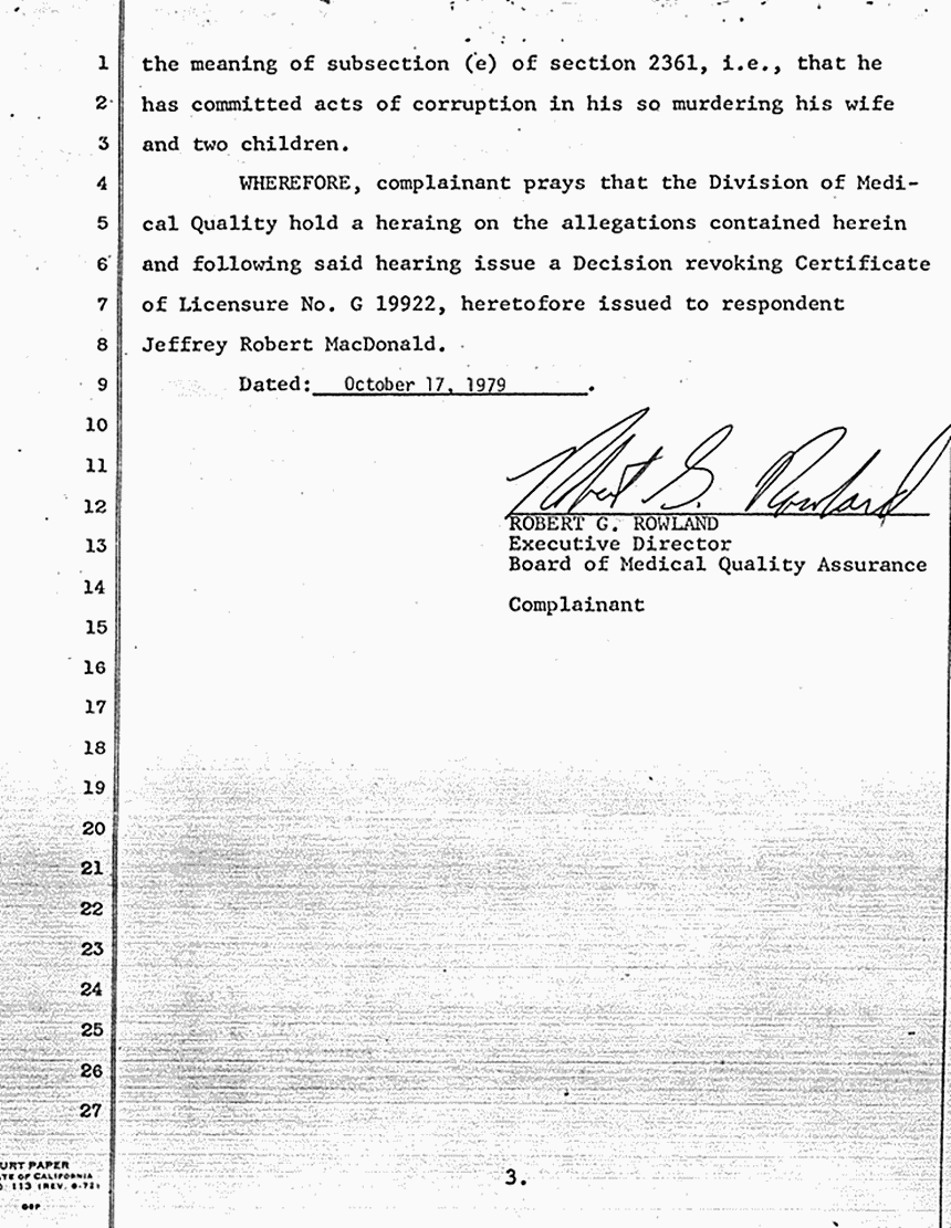 October 17, 1979: Accusation by Robert Rowland re: Request for Hearing and Revocation of Jeffrey MacDonald's California medical license, p. 3 of 3